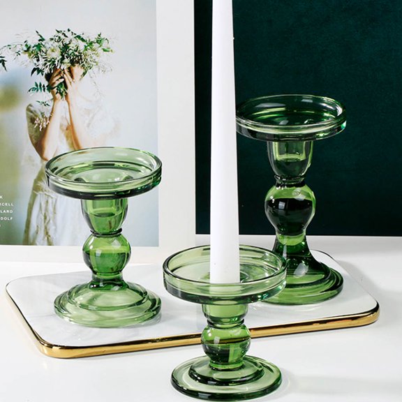 RUNROTOO Decorative Dark Green Candlestick in Glass, Vintage Spiral Pattern Candle Holder
