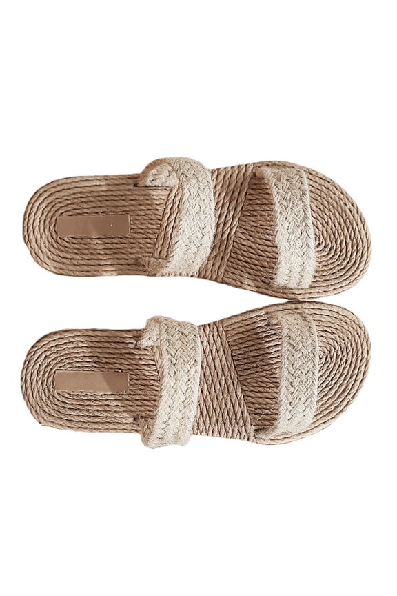 Flat Slipper 1 Pair Beige Cloth EVA Straw Sandals Comfortable Breathable Easy to Wear for Women