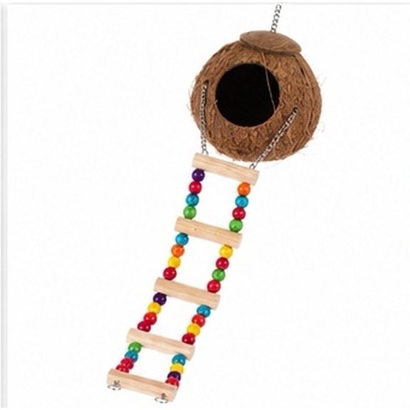 RUNROTOO Hanging Coconut Reptile House with Ladder for Terrarium in Light Brown