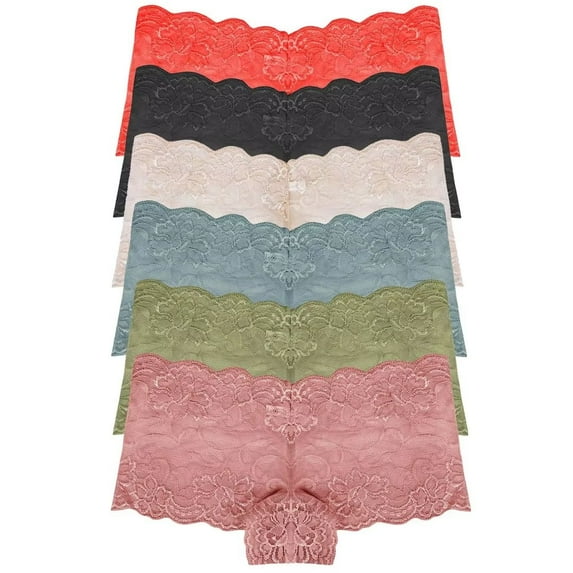 RUNYA Womens Lace Boyshort Panties Lingerie Underwear Briefs, Pack of 6