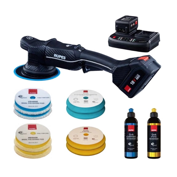 RUPES HLR21 BigFoot iBrid Random Orbital Polisher Basic Kit - Includes Dual Charger, 2 Batteries, D-A Series High Performance Polishing Pads & Compounds