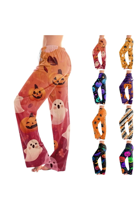 Cute Womens Fall Pajamas Elastic High Waist Halloween PJs Women Wide Leg Pajama Pants Women Loose Fit, Orange, S