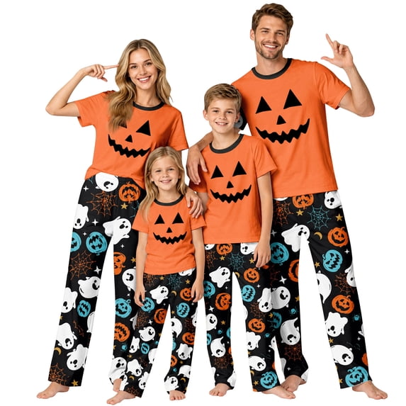 RUPKUL Family Halloween Pajamas Matching Outfits Spooky Pumpkin Face Pajama Set Black Orange Ghost Pumpkin Halloween Pjs