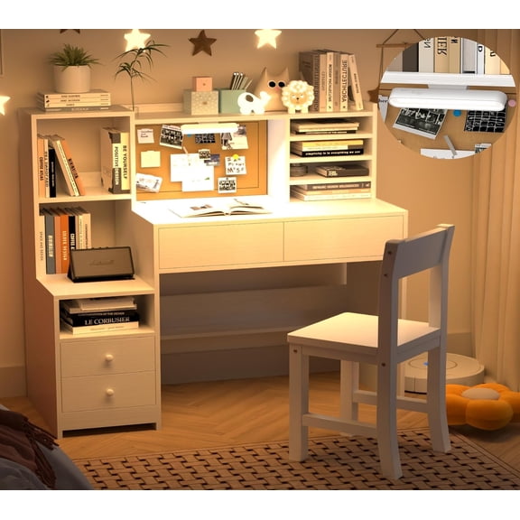 RUPOLX Wooden Lvory White Kids Study Desk and Chair Set with Light, 4 Drawers and Storage Cabinets, Children Desk with Hutch and Shelves, Girls Study Desk for Kids Bedroom-004A