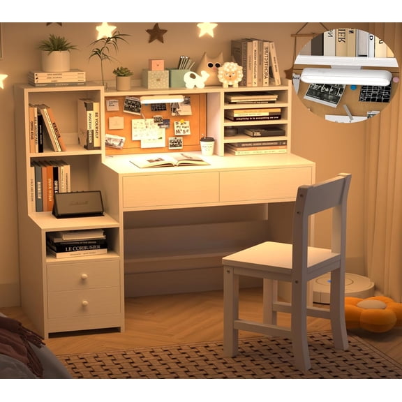 RUPOLX Wooden Pure White Kids Study Desk and Chair Set with Light, 4 Drawers and Storage Cabinets, Children Desk with Hutch and Shelves, Girls Study Desk for Kids Bedroom-003A