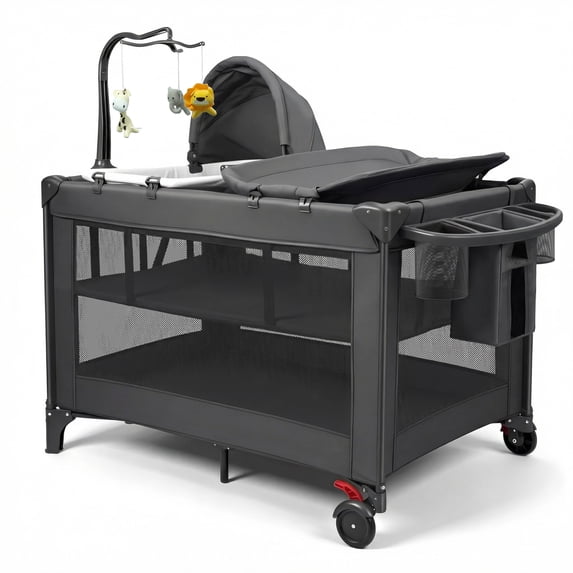 RUPOUN Baby Playards, Foldable Nursery Center Playpen and Toy Mobile, Portable Travel Bassinet, Locking Wheels, Gray