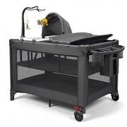 RUPOUN Baby Playards, Foldable Nursery Center Playpen and Toy Mobile, Portable Travel Bassinet, Locking Wheels, Gray