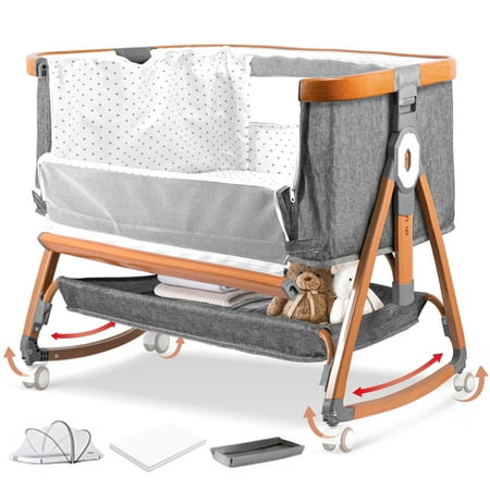 RUPOUN Bassinet Bedside Sleeper, Portable Baby Crib with 6 Adjustable Heights and Breathable Mesh Panels, Foldable, Gray