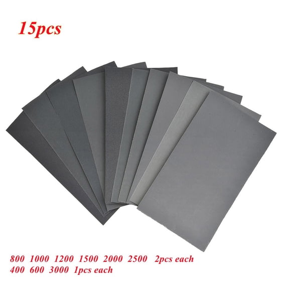 RUQLKF 15 PCS Wet and Dry Sandpaper, Grit 400 to 3000 Assorted Abrasive Sheets for Metal, Glass, Wood and Auto Polishing