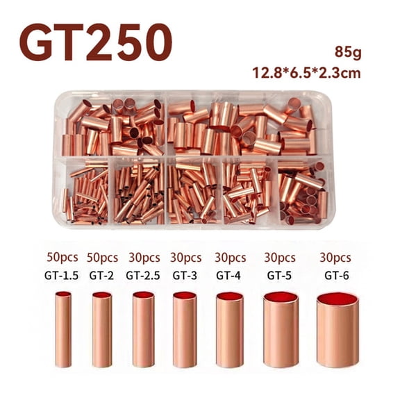 RUQLKF Professional 250PCS Copper Wire Ferrules Kit with 7 Sizes Electrical Crimp Connectors Butt Terminals for Electronics