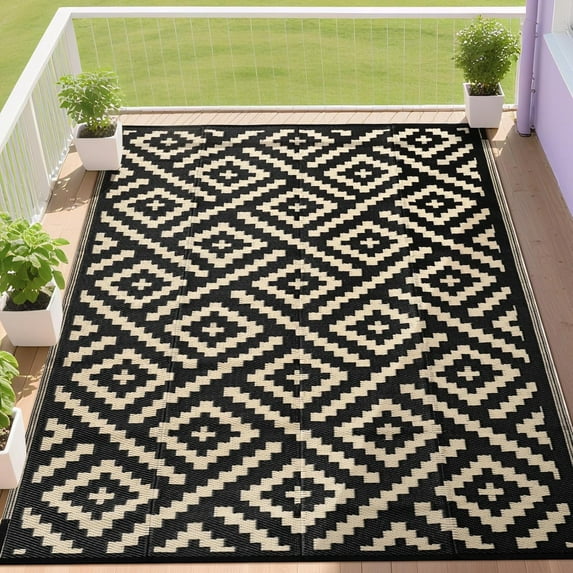 RURALITY Outdoor Rug 9x12 Feet Waterproof for Patio Clearance,Large Plastic Straw Mat for Camping,Porch,RV,Reversible, Easy to Clean,Light Coffee