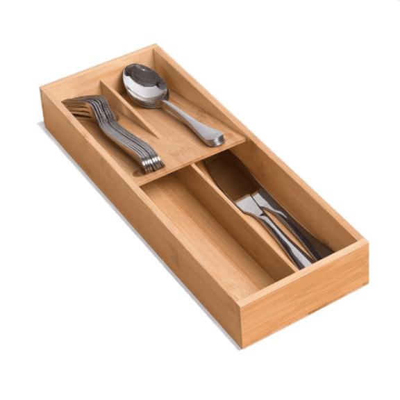 RUREN Bamboo Silverware Drawer Organizer, Kitchen Small Silverware Organizer, Utensil Tray Holder, Cutlery Tray for Spoons, Forks, Knives, Suitable for a family of 2-4
