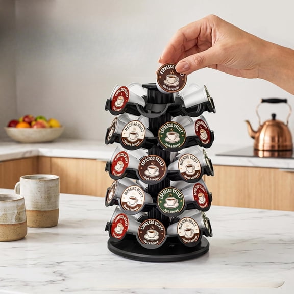 RUREN Coffee Pod Carousel Organizer for Countertop, Holds 40 Single-Serve Coffee Pods, Smooth 360 Rotating Holder, Space-Saving Coffee Station Storage, Compact 8" x 8" x 12.4"