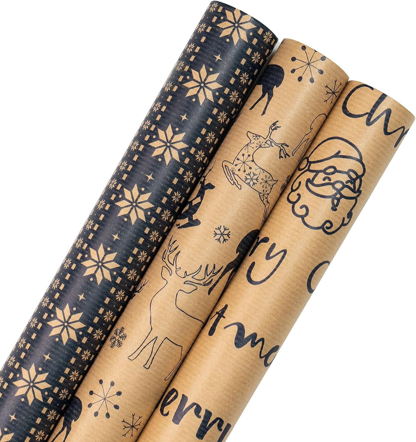 RUSPEPA Christmas Wrapping Paper Rolls - 17 inches x 10 feet per Roll,  Total of 3 Rolls - Reindeer and Snowflake 