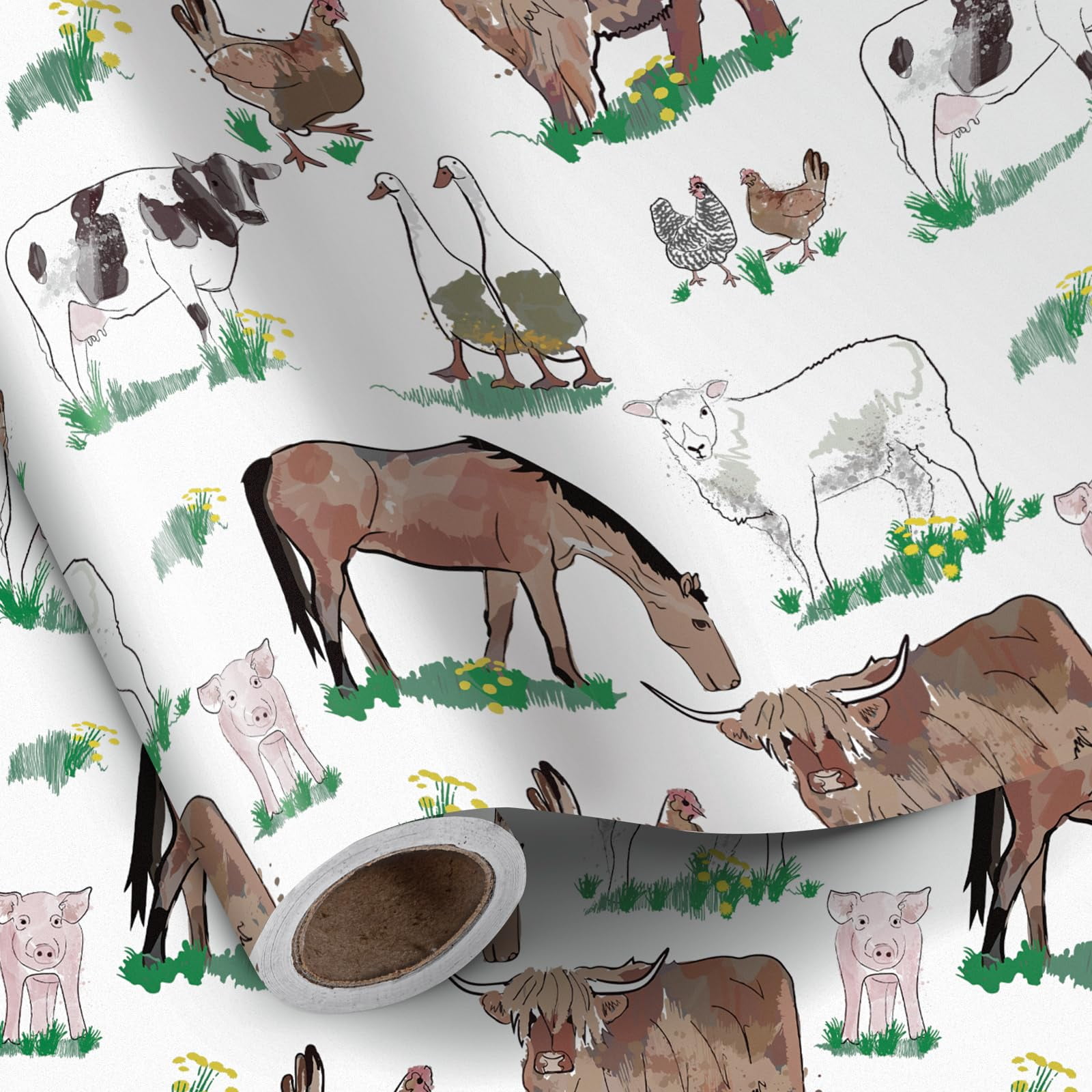 RUSPEPA Farm Animal Wrapping OIF8 Paper Roll, Mini Roll, Inches x 16.4 Feet, Watercolor Cow ...