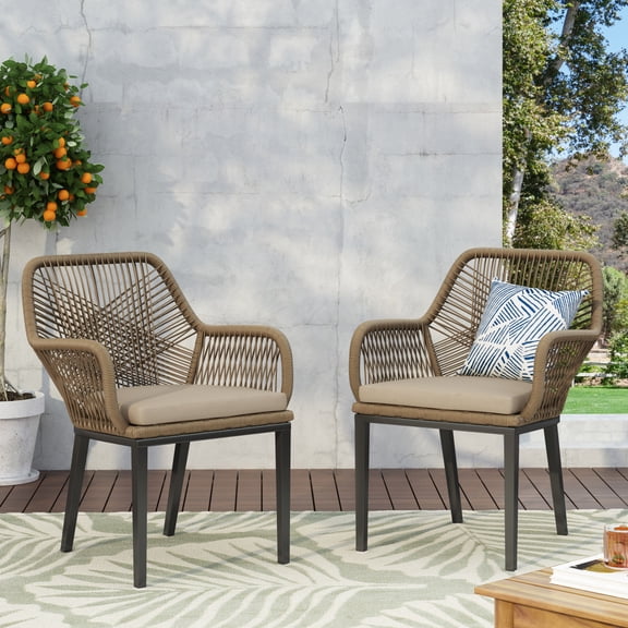RUSSELL Outdoor Wicker Dining Chairs (Set of 2): Modern Weave Design, Water-Resistant Cushions, Sturdy Angled Legs for Patio/Deck/Backyard, Brown + Beige