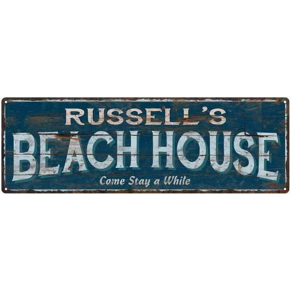 RUSSELL'S Beach House Blue Rustic Cabin Home Decor 6x18 Metal 106180026093