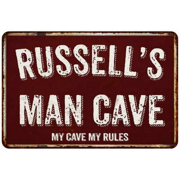 RUSSELL'S Man Cave Red Grunge Sign Metal 8x12 Decor 208120003436