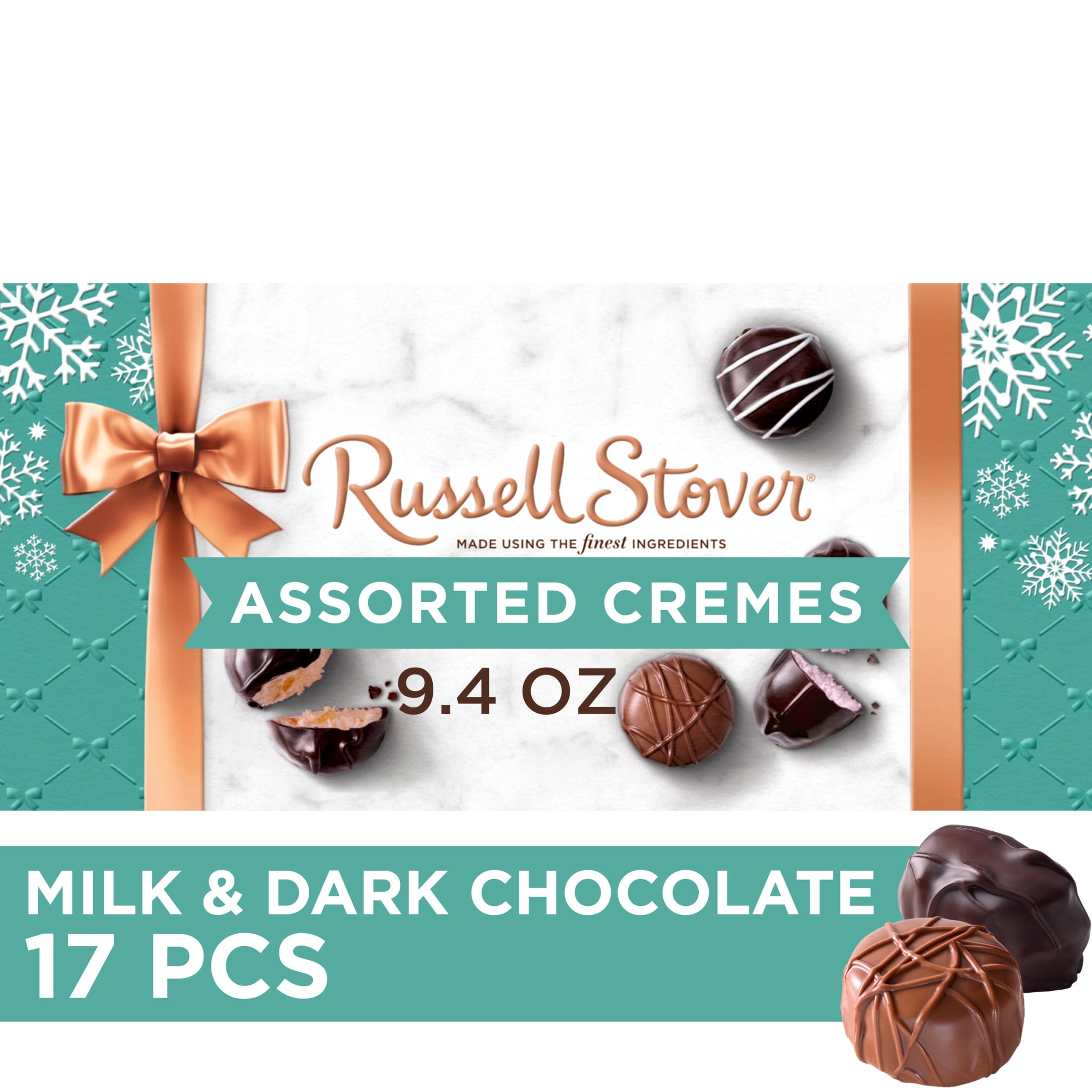 RUSSELL STOVER Christmas Assorted Crmes in Milk & Dark Chocolate Gift Box, 9.4 oz. (17 Pieces)