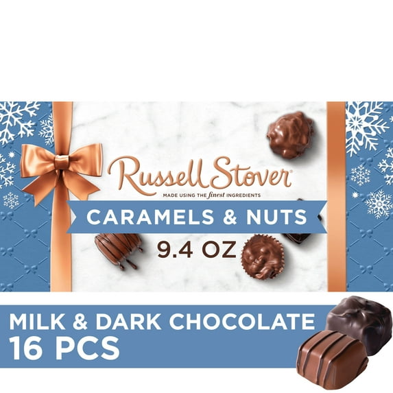 Russell Stover Christmas Caramels & Nuts in Milk & Dark Chocolate Candy Gift Box, 9.4 oz.