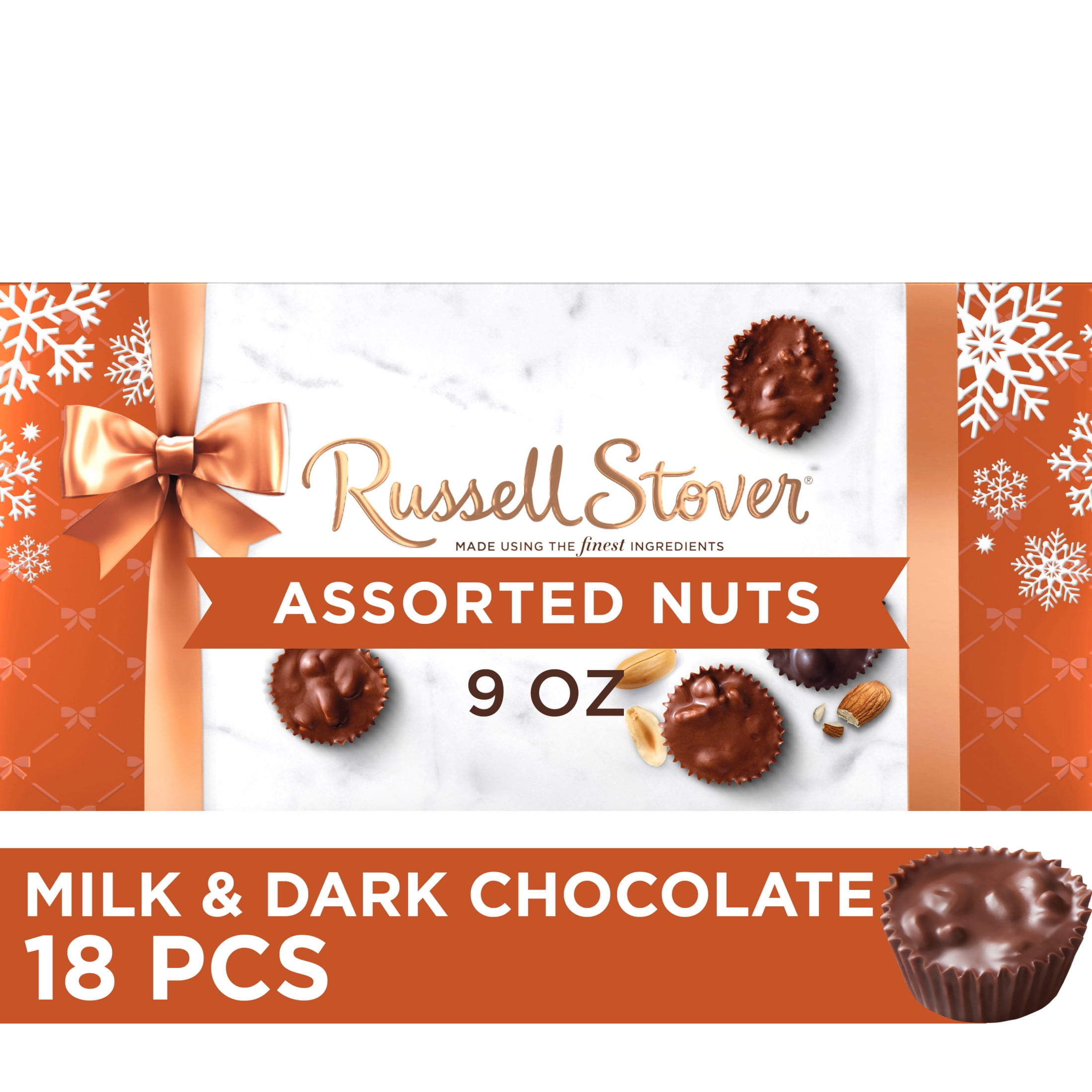 RUSSELL STOVER Christmas Chocolate Covered Nuts Assortment in Milk & Dark Chocolate Gift Box, 9 oz. (18 Pieces)