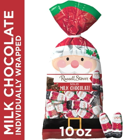 RUSSELL STOVER Christmas Foil-Wrapped Santas in Solid Mik Chocolate Gift Bag, 10 oz. (≈ 40 pieces)