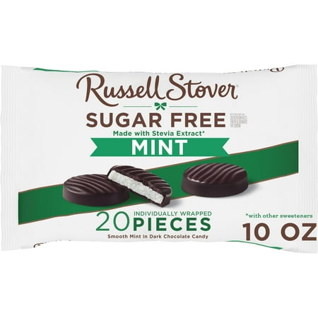 RUSSELL STOVER Sugar Free Dark Chocolate Mint Patties Candy, 10 oz. bag (≈ 20 pieces)