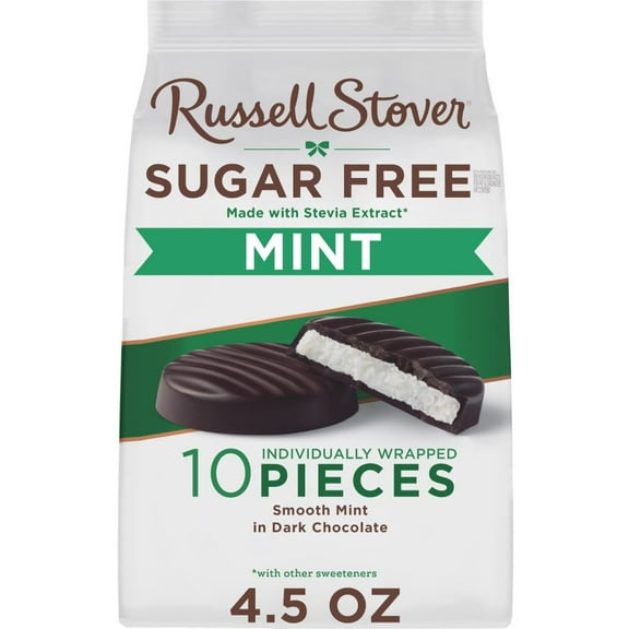 RUSSELL STOVER Sugar Free Dark Chocolate Mint Patties Candy, 4.5 oz bag - Pack of 2