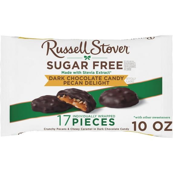 RUSSELL STOVER Sugar Free Dark Chocolate Pecan Delights Candy, 10 oz. bag (β 16 pieces)