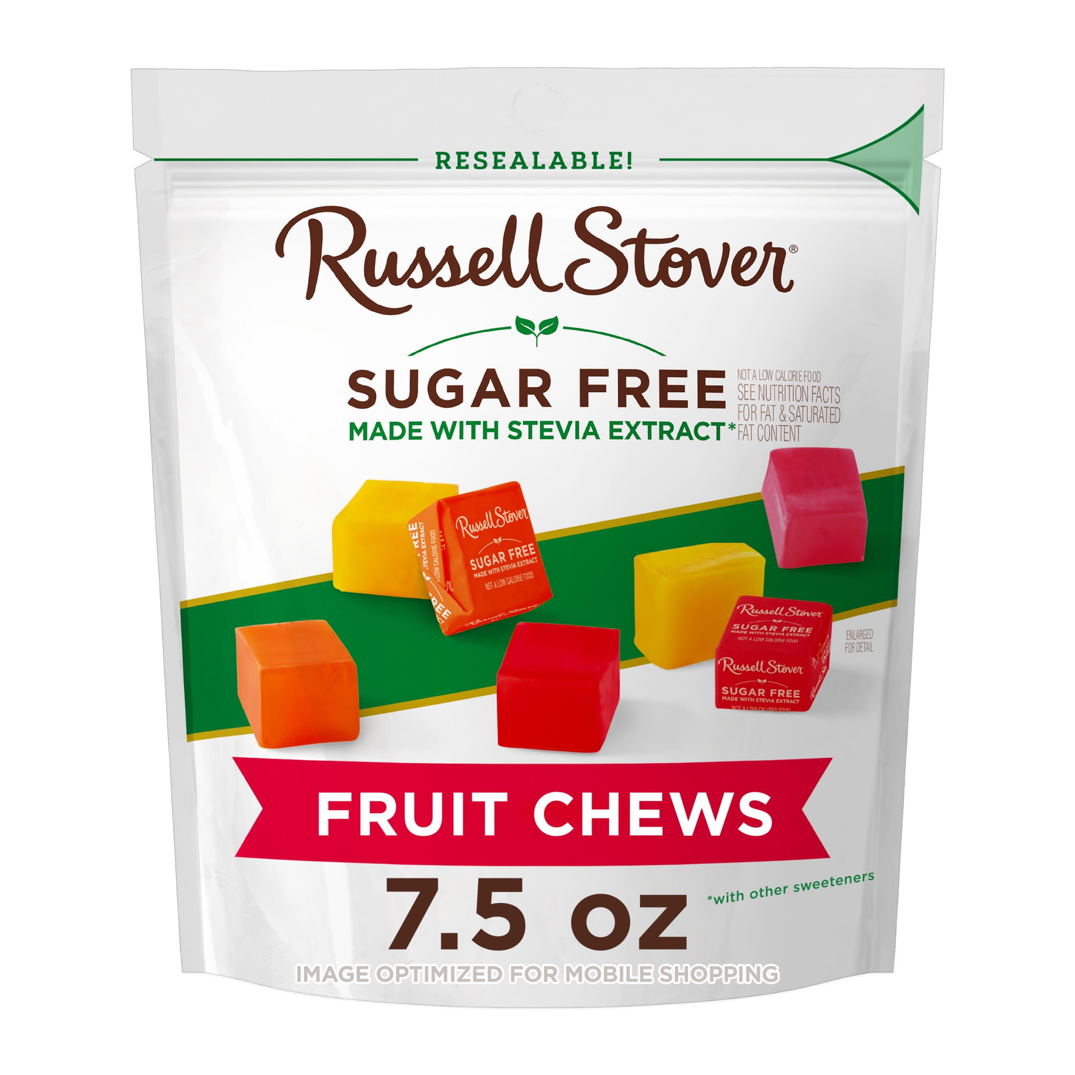 RUSSELL STOVER SugarFree Fruit Chews Candy, 7.5 oz. Bag with Stevia