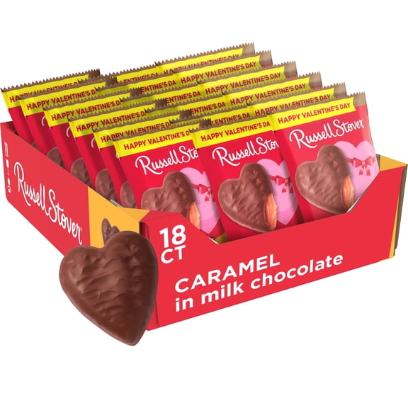 RUSSELL STOVER Valentine's Day Milk Chocolate Caramel Heart, 1.3 oz. (Pack of 18)