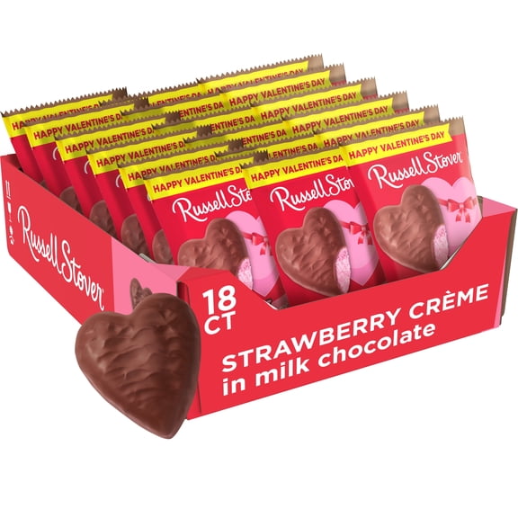 RUSSELL STOVER Valentine's Day Milk Chocolate Strawberry Crème Heart, 1.3 oz. (Pack of 18)