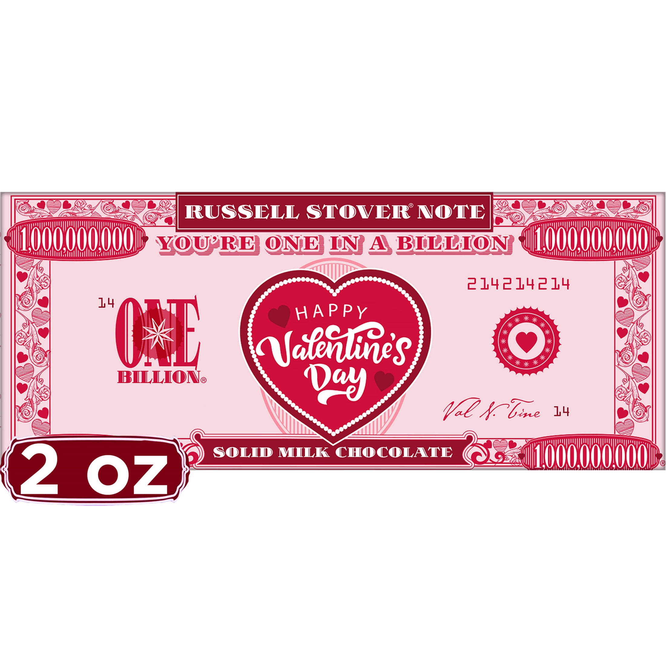 Russell Stover Valentine's Day One in a Billion Solid Milk Chocolate Money Candy Bar, 2 oz.