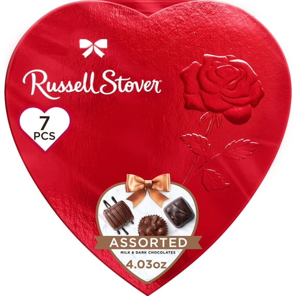 RUSSELL STOVER Valentine's Day Red Foil Heart Assorted Milk & Dark Chocolate Candy Gift Box, 4.03 oz. (7 Pieces)