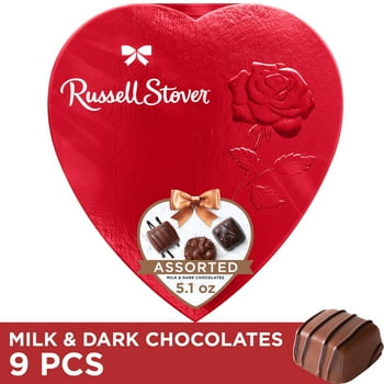 Russell Stover Valentine's Day Red Foil Heart Assorted Milk & Dark Chocolate Candy Gift Box, 5.1 oz.