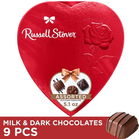 Russell Stover Valentine's Day Red Foil Heart Assorted Milk & Dark Chocolate Candy Gift Box, 5.1 oz.