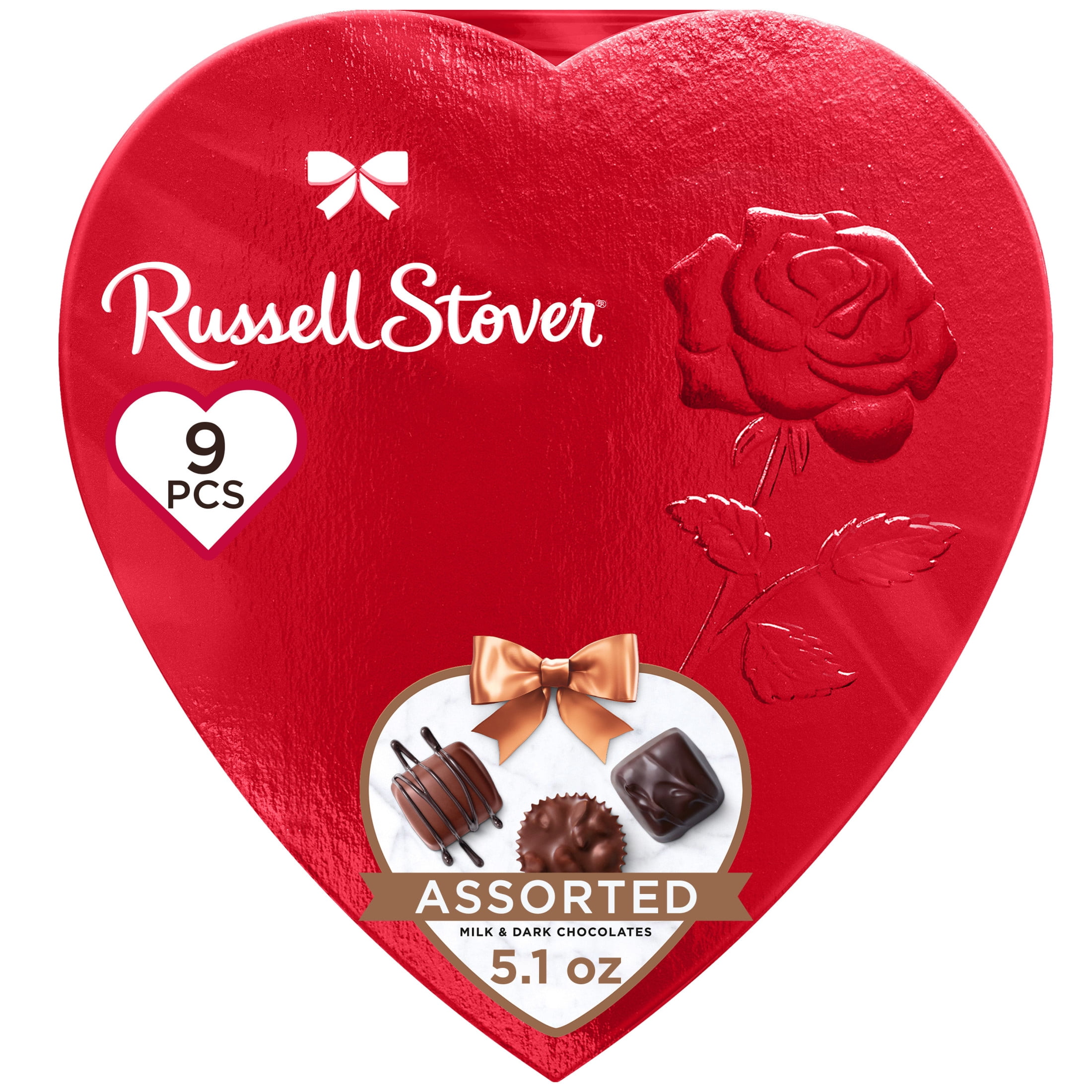 RUSSELL STOVER Valentine's Day Red Foil Heart Assorted Milk & Dark Chocolate Candy Gift Box, 5.1 oz. (9 Pieces)
