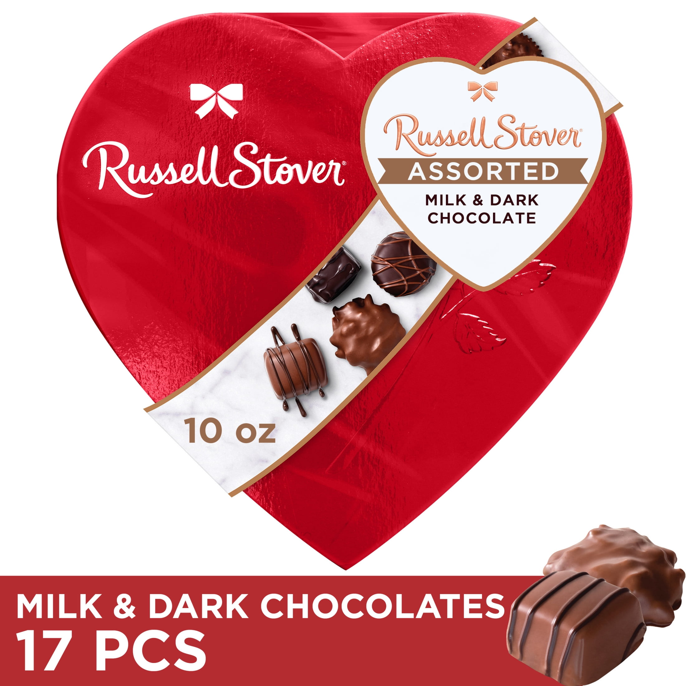 Russell Stover Valentine's Day Red Foil Heart Assorted Milk & Dark Chocolate Candy Gift Box, 10 oz.