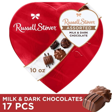 Russell Stover Valentine's Day Red Foil Heart Assorted Milk & Dark Chocolate Candy Gift Box, 10 oz.