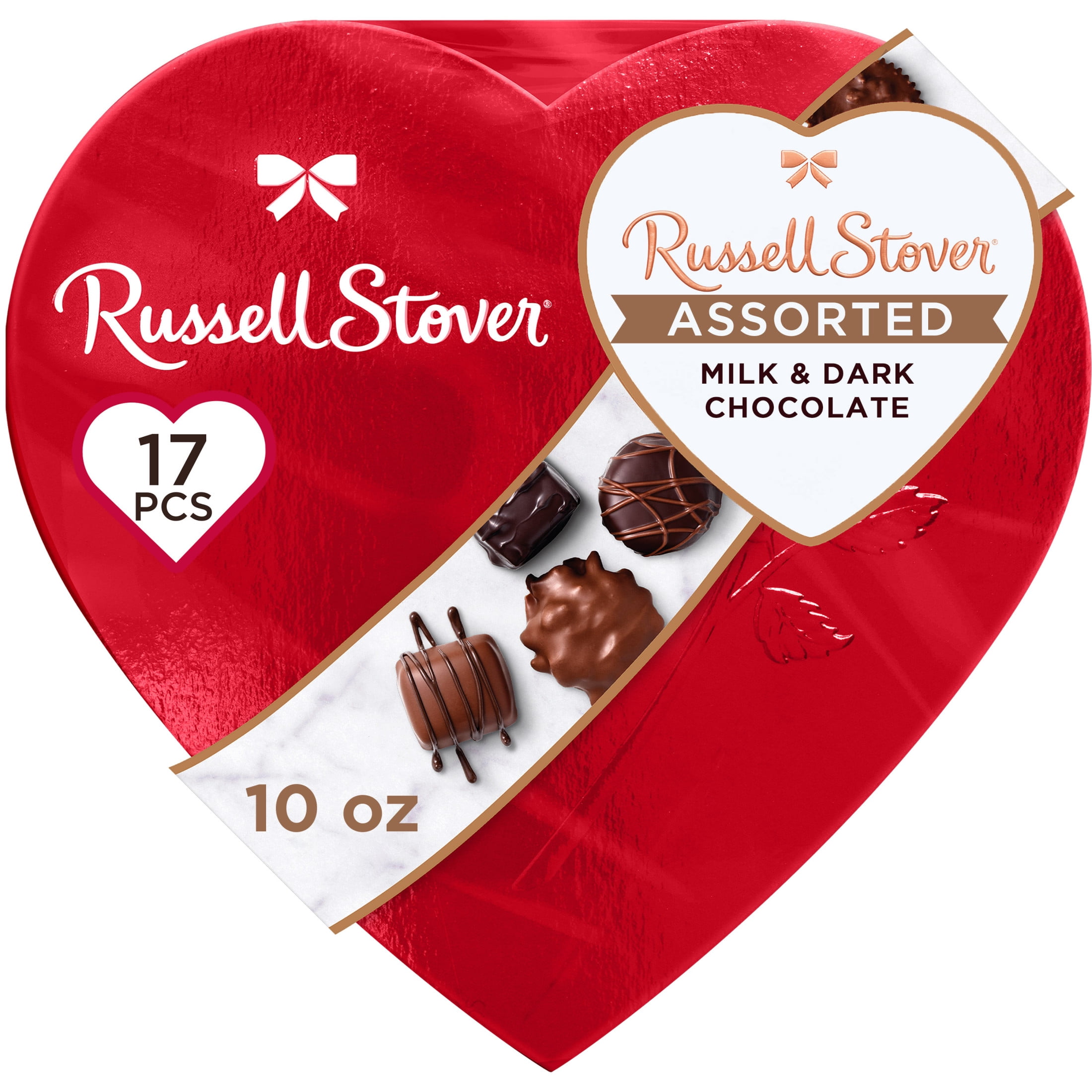 Russell Stover Valentine's Day Red Foil Heart Assorted Milk & Dark Chocolate Candy Gift Box, 10 oz.