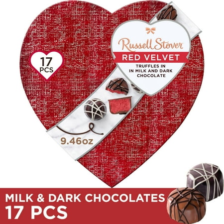 Russell Stover Valentine's Day Red Velvet Truffle in Milk & Dark Chocolate Candy Heart Gift Box, 9.46 oz. (17 Pieces)