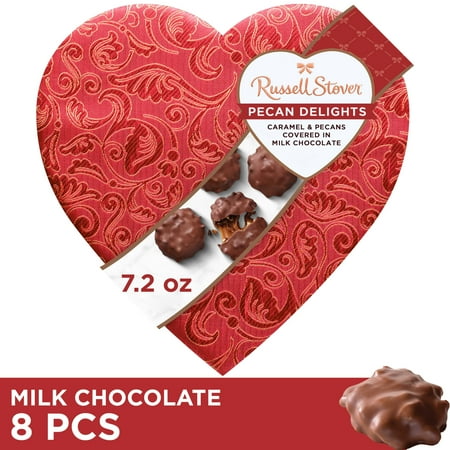Russell Stover Valentine's Day Satin Heart Pecan Delights Milk Chocolate Candy Gift Box, 7.2 oz.