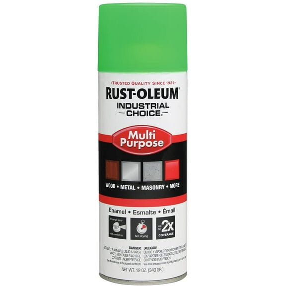 RUST-OLEUM 1632830 Industrial Choice Spray Paint in Gloss Fluorescent Green for Masonry, Metal, Plastic, Wood, 12 oz
