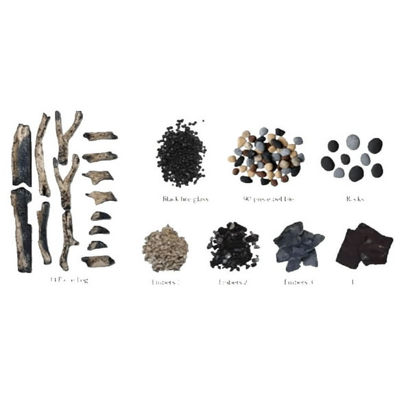 RUSTIC-14 Piece Log Set with Deluxe Media - logs. stones, pebbles, blk fire glass, embers