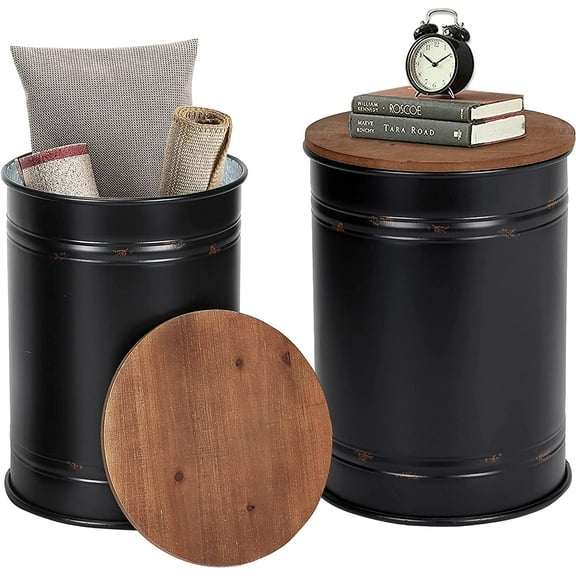RUSTOWN Farmhouse Accent Side Table, Rustic Storage Ottoman Seat Stool, Galvanized Antique Metal End Table Box Bin with Round Wood Lid, Coffee or Cocktail Table, Nesting Pieces Two (Black)