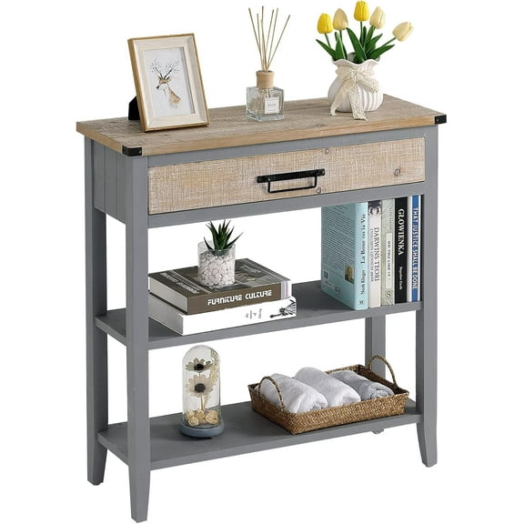 RUSTOWN Farmhouse Console Table with Drawer, 3-Tier Rustic Entryway Table with Open Storage Shelves and Handmade Metal Handle, Narrow Foyer Sofa Table for Living Room, Entryway, Hallway (Grey)