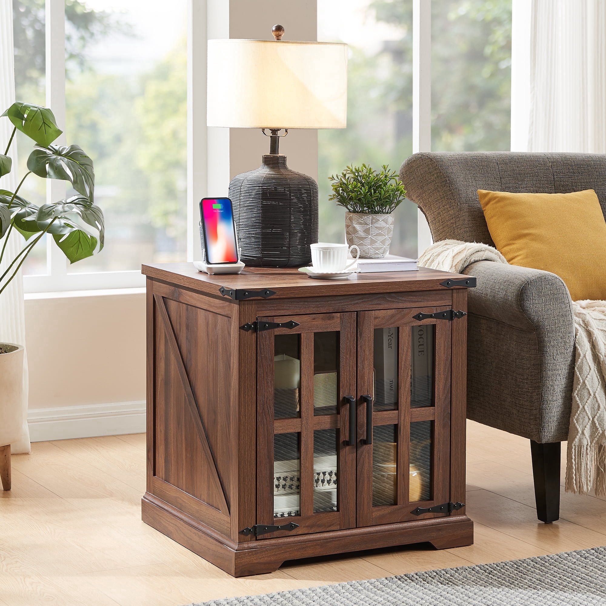 RUSTOWN Farmhouse Nightstand with Adjustable Shelf, Walnut