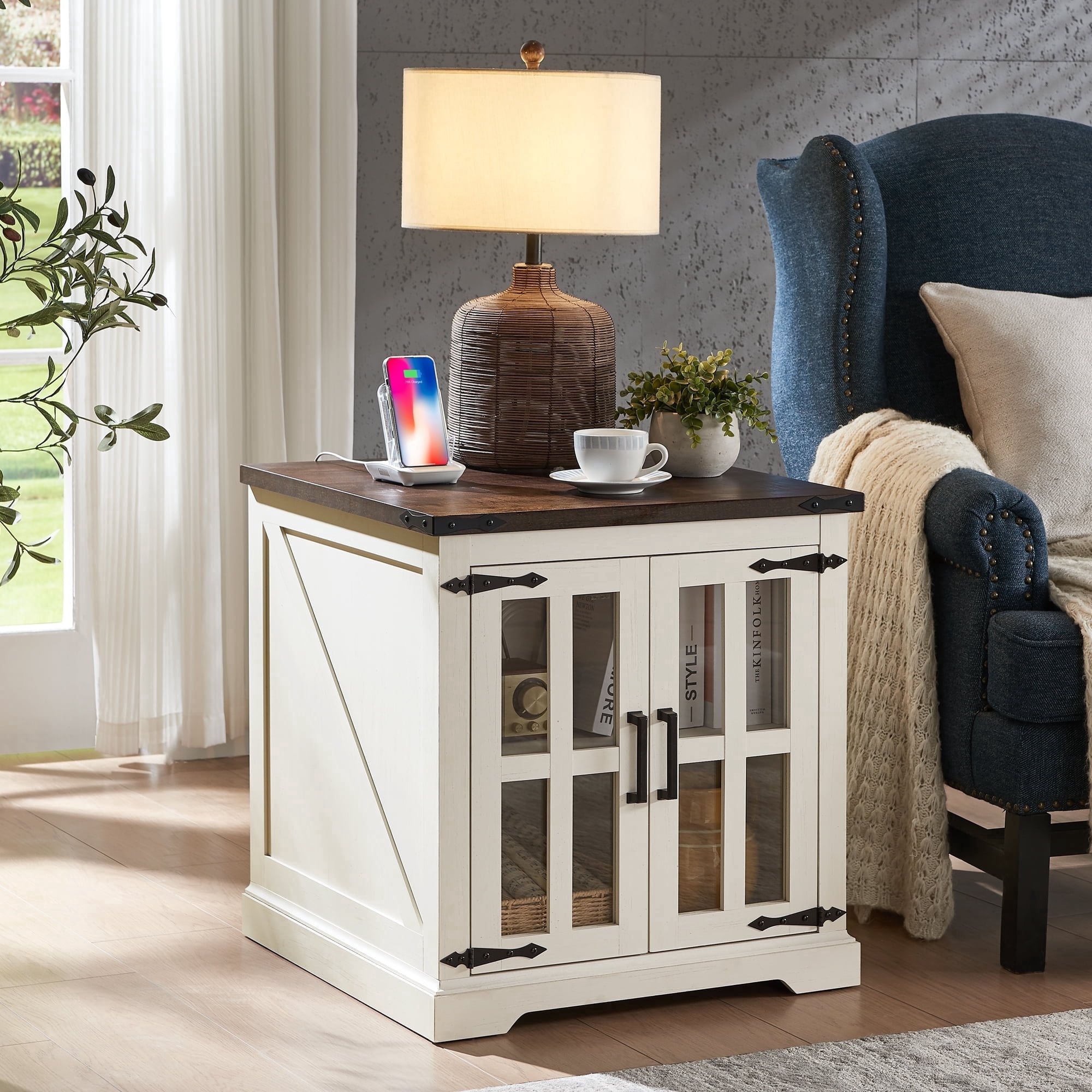 24'' Squre End Table, Nightstand Sofa Table with Glass Door, Side Table with Shelf for Living Room Bedroom, White