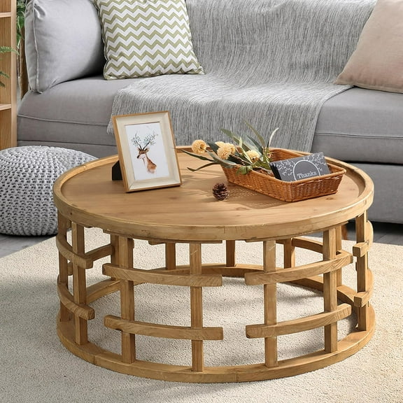 RUSTOWN Farmhouse Round Coffee Table, French Country Sofa Tables,Rustic Soild Wood Finish with Openwork Pattern and Curved Frame Base, Boho Handcrafted Wooden Coffee Table for Living Room, Natural