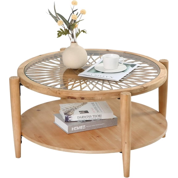 RUSTOWN Rattan Coffee Tables,2-Tier Round Boho Cocktail Tables, Mid Century Modern Coffee Table with Rattan & Tempered Glass Top and Wood Legs, Sofa Table for Living Room(Natural)
